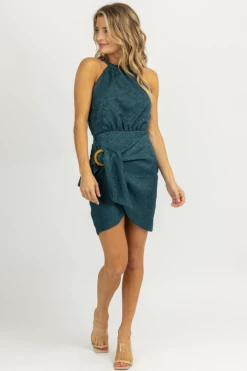 LENA TEAL JACQUARD BUCKLE MINI DRESS NEW ARRIVALS