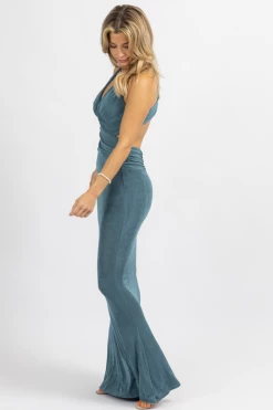 LUXXEL TEAL SLINKY CUTOUT LINED MAXI DRESS