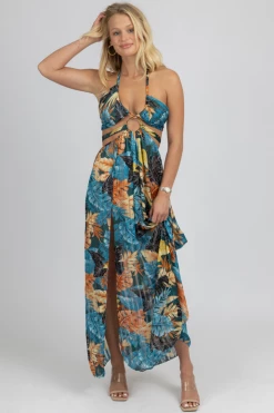 OMG STYLES NEW ARRIVALS TEAL TROPICAL HIGH SLIT MAXI COVER UP
