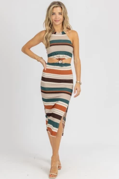 ENDLESS BLU RUST + HUNTER GREEN FRONT KNOT MIDI DRESS NEW ARRIVALS