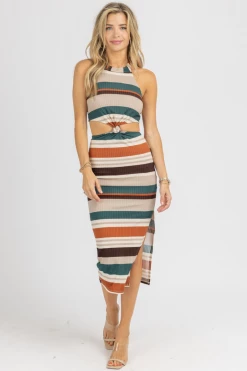 ENDLESS BLU RUST + HUNTER GREEN FRONT KNOT MIDI DRESS NEW ARRIVALS