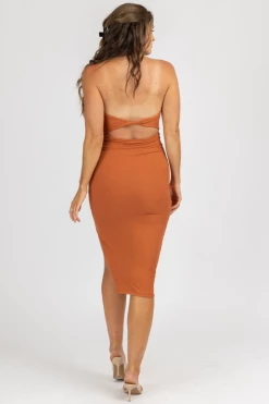 ENDLESS BLU BEST SELLERS RUST CUTOUT HALTER MIDI DRESS