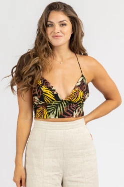 OLIVACEOUS BLACK TROPICAL TRIANGLE TIE-BACK CROP