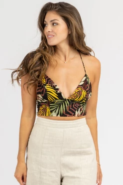OLIVACEOUS BLACK TROPICAL TRIANGLE TIE-BACK CROP