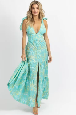 LUXXEL TURQUOISE BUTTON + BOW STRAP MAXI DRESS