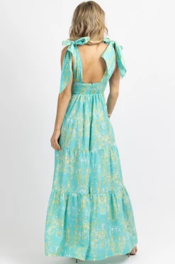 LUXXEL TURQUOISE BUTTON + BOW STRAP MAXI DRESS