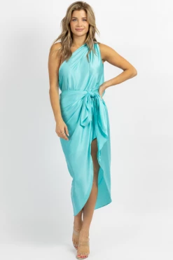 LUXXEL TURQUOISE SATIN ONE SHOULDER WRAP DRESS *BACK IN STOCK* NEW ARRIVALS