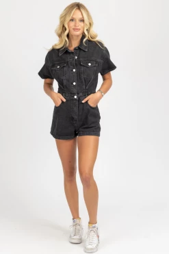 LE LIS BLACK SHORT SLEEVE DENIM ROMPER *BACK IN STOCK*