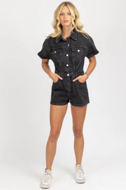 LE LIS BLACK SHORT SLEEVE DENIM ROMPER *BACK IN STOCK*