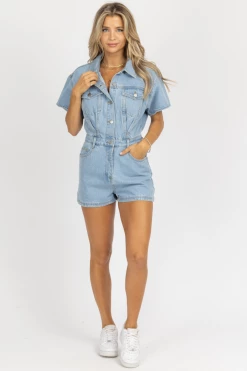 LE LIS BLUE SHORT SLEEVE DENIM ROMPER *RESTOCK COMING SOON* CLOTHING