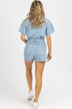 LE LIS BLUE SHORT SLEEVE DENIM ROMPER *RESTOCK COMING SOON* CLOTHING