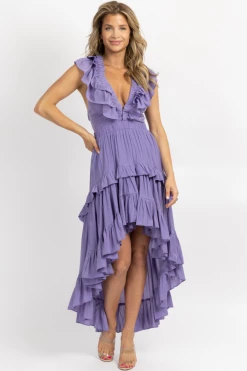 DO + BE VIOLA PURPLE RUFFLE OPEN BACK HI-LO DRESS *RESTOCK COMING SOON*