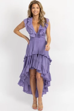 DO + BE VIOLA PURPLE RUFFLE OPEN BACK HI-LO DRESS *RESTOCK COMING SOON*