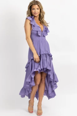 DO + BE VIOLA PURPLE RUFFLE OPEN BACK HI-LO DRESS *RESTOCK COMING SOON*