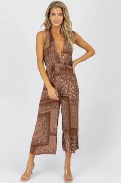 ENDLESS BLU NEW ARRIVALS RUSTIC BROWN WRAP HALTER NECK JUMPSUIT