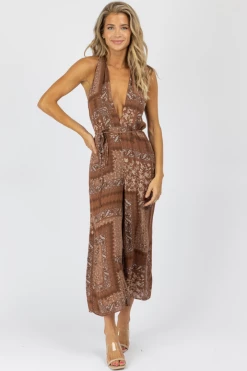 ENDLESS BLU NEW ARRIVALS RUSTIC BROWN WRAP HALTER NECK JUMPSUIT