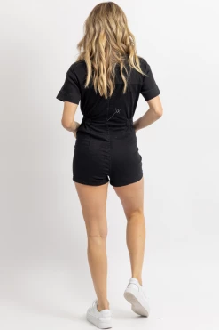 DAY + MOON NEW ARRIVALS WASHED BLACK BUTTON FRONT ROMPER