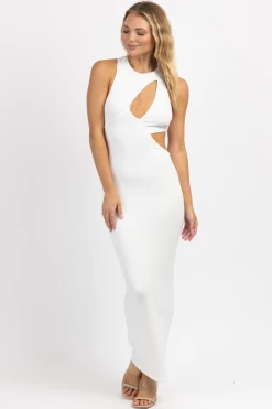 WINWIN APPAREL WHITE ASYMMETRIC CUTOUT MAXI DRESS