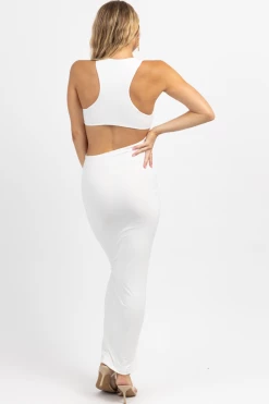 WINWIN APPAREL WHITE ASYMMETRIC CUTOUT MAXI DRESS