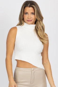 BLUE BLUSH NEW ARRIVALS IVORY ASYMMETRIC TURTLENECK SWEATER TANK