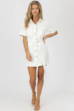 FORE COLLECTION PEARL DENIM BELTED MINI DRESS NEW ARRIVALS