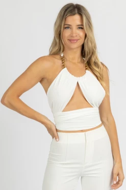 WINWIN APPAREL WHITE CHAIN DETAIL OPEN FRONT CROP