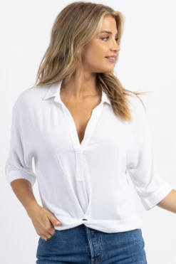 OLIVACEOUS NEW ARRIVALS WHITE TWIST HEM COLLARED BLOUSE