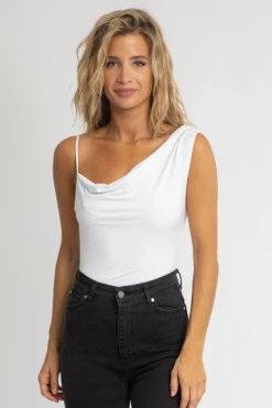 LE LIS WHITE COWL NECK SHOULDER BODYSUIT