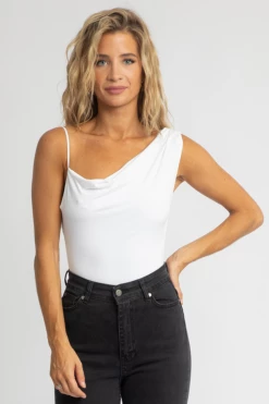 LE LIS WHITE COWL NECK SHOULDER BODYSUIT