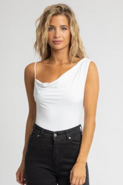 LE LIS WHITE COWL NECK SHOULDER BODYSUIT