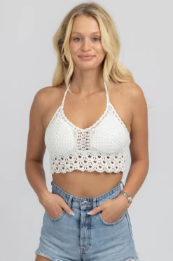 MAY BLUE WHITE CROCHET TIE BACK CROP NEW ARRIVALS