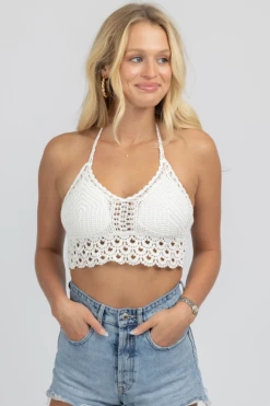 MAY BLUE WHITE CROCHET TIE BACK CROP NEW ARRIVALS