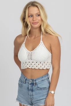 MAY BLUE WHITE CROCHET TIE BACK CROP NEW ARRIVALS
