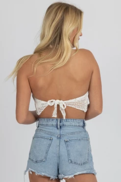 MAY BLUE WHITE CROCHET TIE BACK CROP NEW ARRIVALS