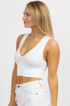 DYNAMIC FASHION WHITE DEEP-V THICK RIBBED CROP TANK NEW ARRIVALS