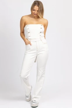 BLUE BLUSH OFF WHITE STRAPLESS DENIM JUMPSUIT