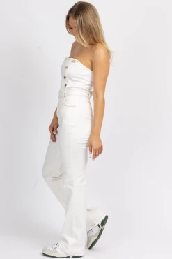 BLUE BLUSH OFF WHITE STRAPLESS DENIM JUMPSUIT