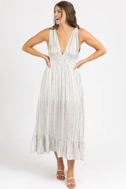 LEVEE CLOTHING B+W DOTTED OPEN BACK MAXI DRESS