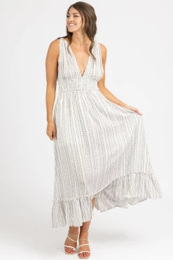 LEVEE CLOTHING B+W DOTTED OPEN BACK MAXI DRESS