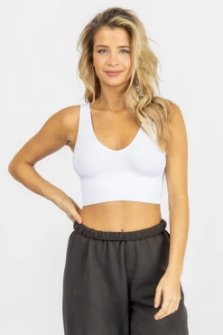 DYNAMIC FASHION WHITE ESSENTIAL RIBBED V-NECK CROP *BACK IN STOCK*