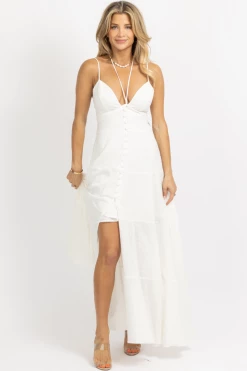 LUXXEL WHITE TIERED LINEN HALTER MAXI DRESS