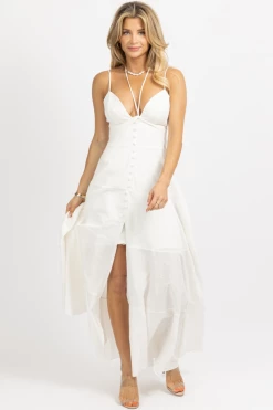 LUXXEL WHITE TIERED LINEN HALTER MAXI DRESS