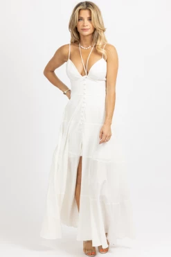 LUXXEL WHITE TIERED LINEN HALTER MAXI DRESS