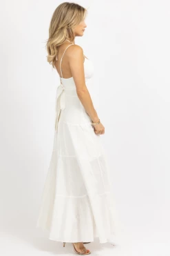 LUXXEL WHITE TIERED LINEN HALTER MAXI DRESS