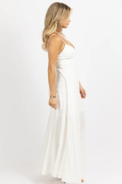 LUXXEL WHITE TIERED LINEN HALTER MAXI DRESS
