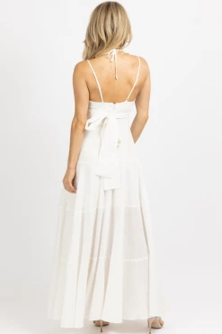 LUXXEL WHITE TIERED LINEN HALTER MAXI DRESS