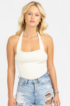 LE LIS CLOTHING KNIT HALTERNECK BODYSUIT IN WHITE