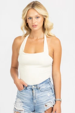 LE LIS CLOTHING KNIT HALTERNECK BODYSUIT IN WHITE