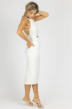 LENA WHITE HALTERNECK CAGE BACK MIDI DRESS