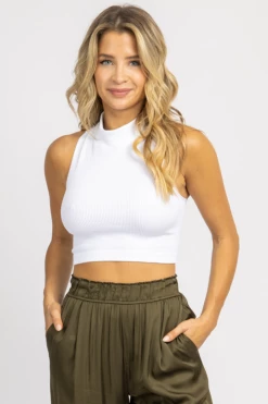 DYNAMIC FASHION NEW ARRIVALS WHITE HIGH-NECK RACERBACK CROP TANK *BACK IN STOCK*